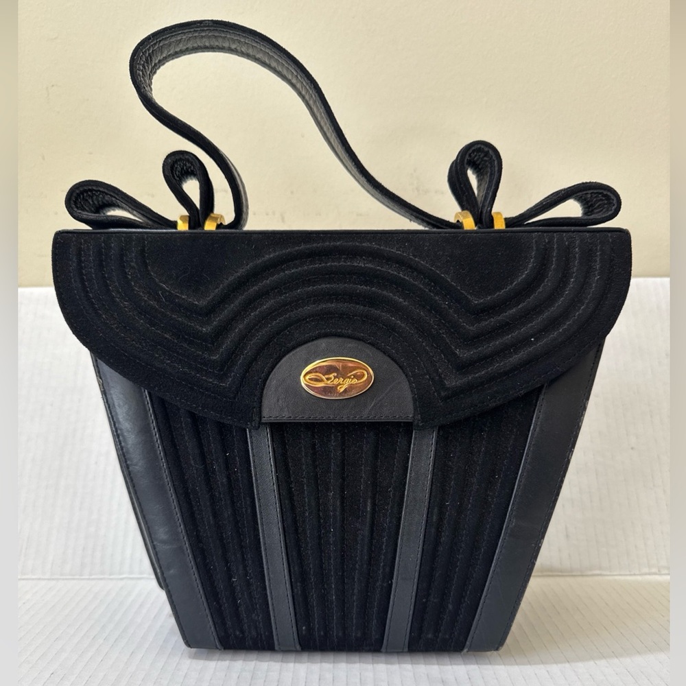 Vintage Women Black Structured Top Handle Velvet Spacious Handbag Made In Italy